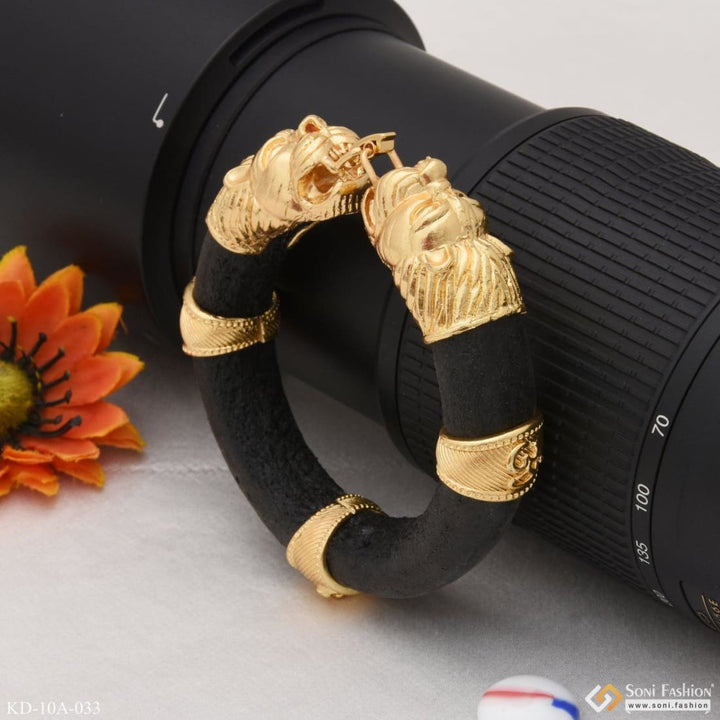 Lion Face - Brilliant Design Blackleather Genda Kada Gold