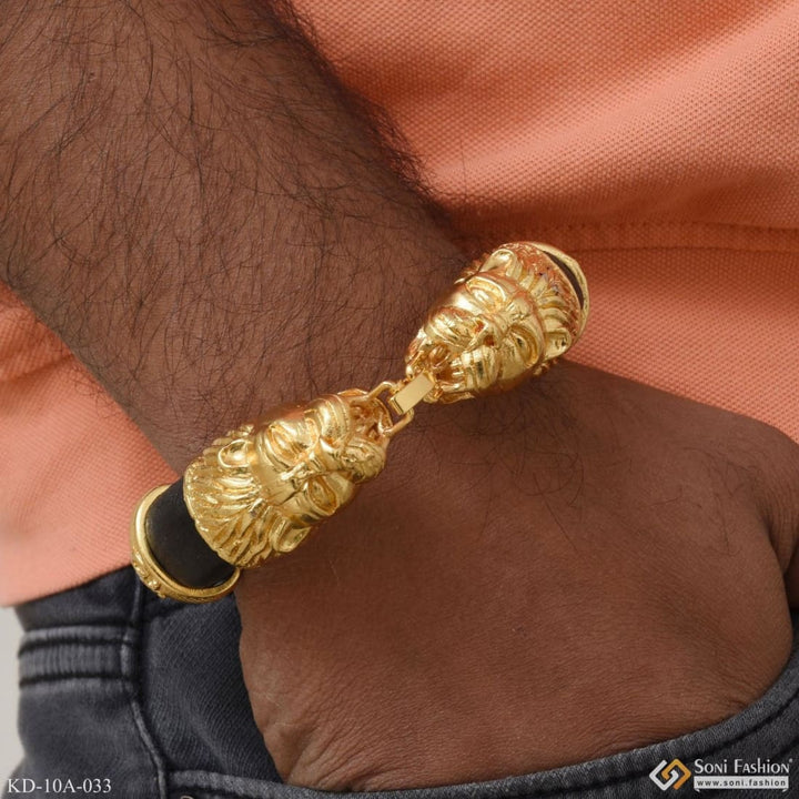 Lion Face - Brilliant Design Blackleather Genda Kada Gold