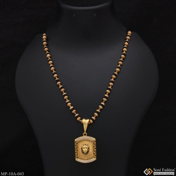 Lion Face With Diamond Gold Plated Rudraksha Mala Pendant