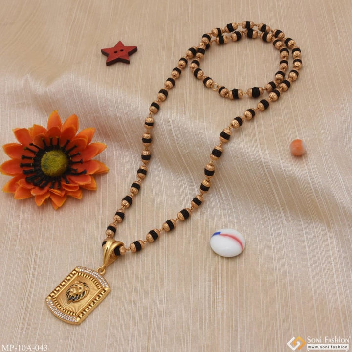 Lion Face With Diamond Gold Plated Rudraksha Mala Pendant