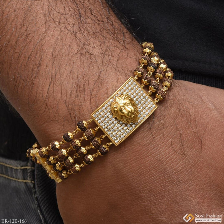 Lion Face With Diamond And Rudraksha Gold Plated Bracelet