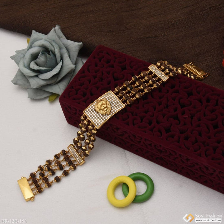 Lion Face With Diamond And Rudraksha Gold Plated Bracelet