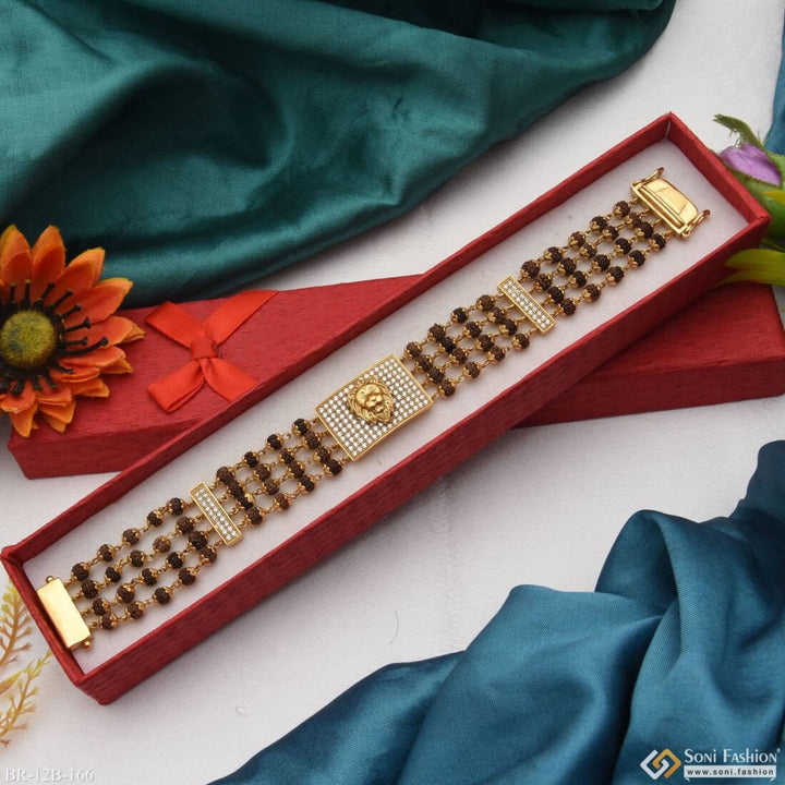 Lion Face With Diamond And Rudraksha Gold Plated Bracelet