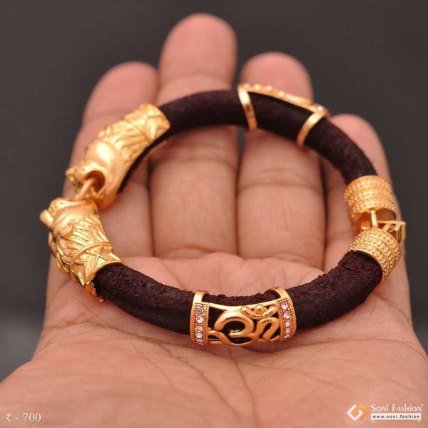 Two-lion face & om genda kada classic design leather gold