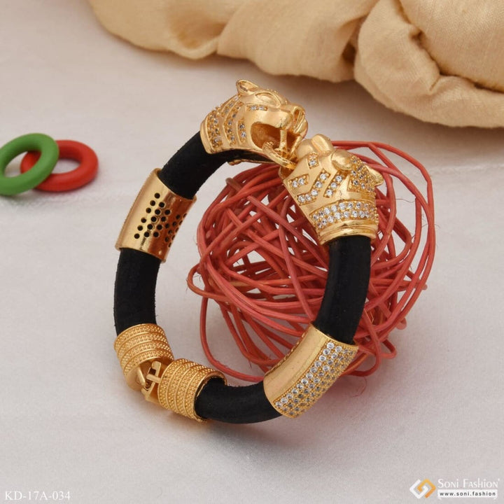 Lion Face Gold Plated Leather Genda Kada High-class Design