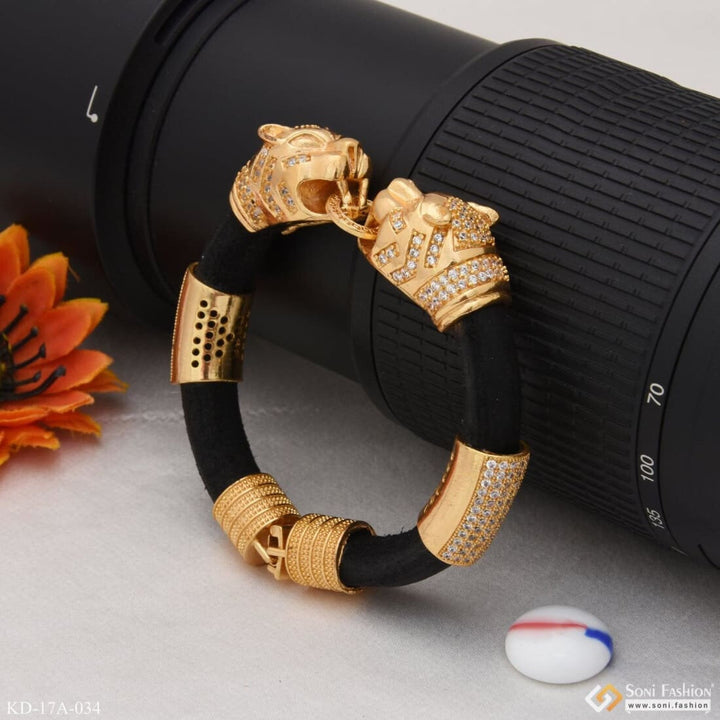 Lion Face Gold Plated Leather Genda Kada High-class Design