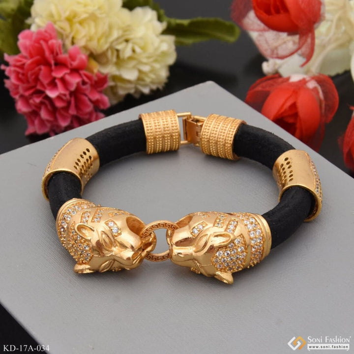 Lion Face Gold Plated Leather Genda Kada High-class Design