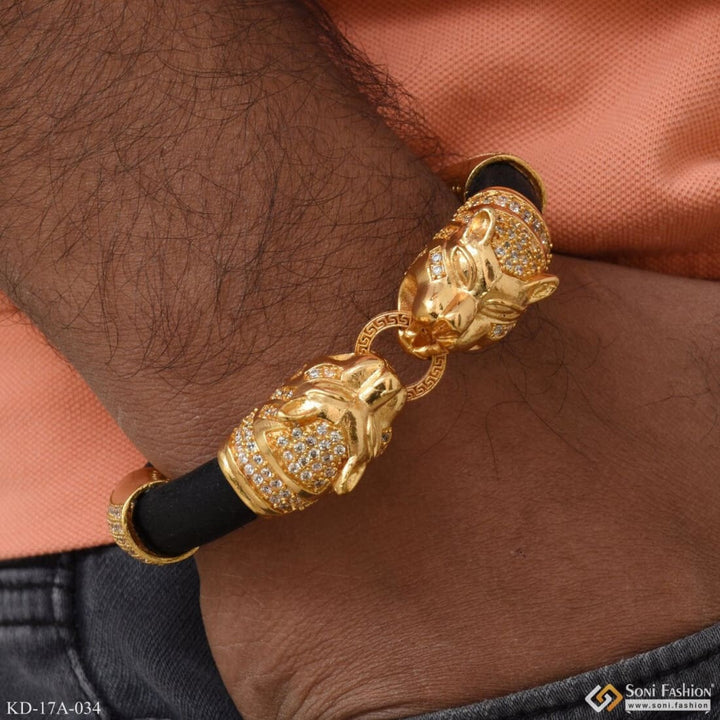 Lion Face Gold Plated Leather Genda Kada High-class Design