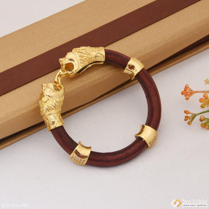 Gold plated brass lion head bracelet - part of ’Lion With Diamond Fashionable Design Gold Plated Genda Kada For Men - Style A981’