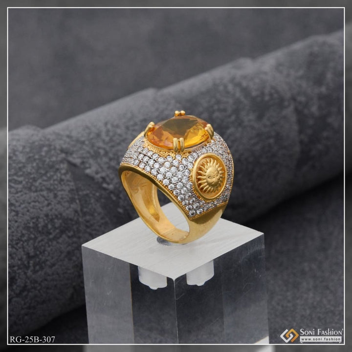 1 Gram Gold Plated Yellow Stone With Diamond Funky Design Men’s Ring - Style B307