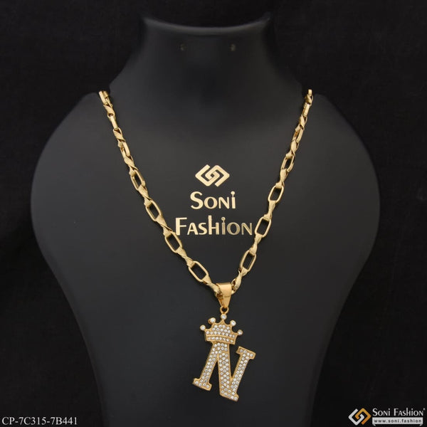 N Letter With Diamond Glittering Design Chain Pendant Combo