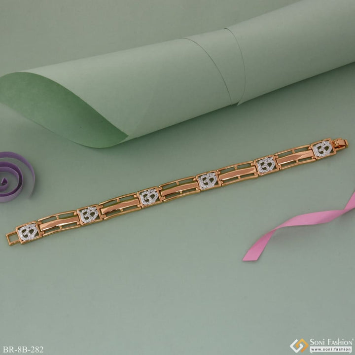 Rose gold chain with pink ribbon and roll of paper on ’Om With Diamond Best Quality Attractive Design Rose Gold Bracelet - Style B282’