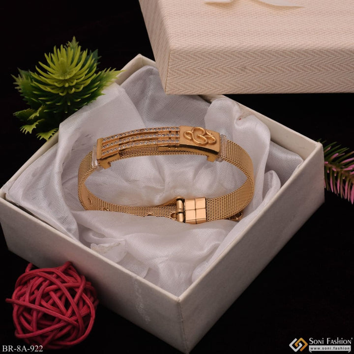 Gold bracelet in box - Om In Line Design With Diamond Gold Plated Stainless Steel Bracelet For Men