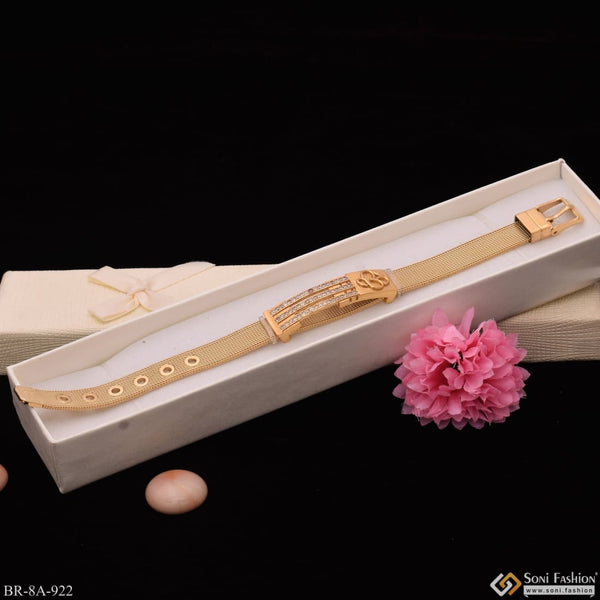 White box with pink flower and gold buckle on stainless steel bracelet - Om In Line Design with Diamond Gold Plated for Men A922