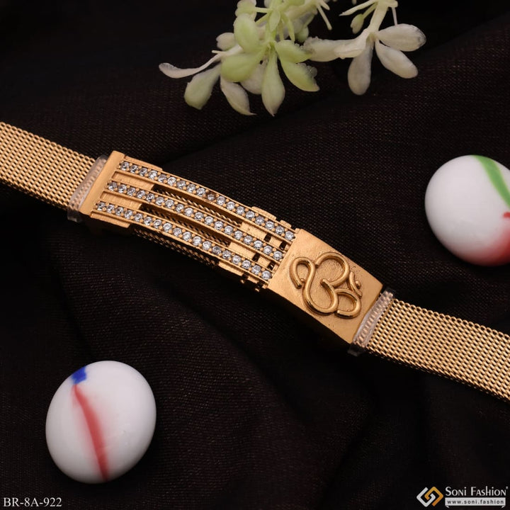 Gold bracelet with diamonds and white pearl - Om In Line Design With Diamond Gold Plated Stainless Steel Bracelet For Men