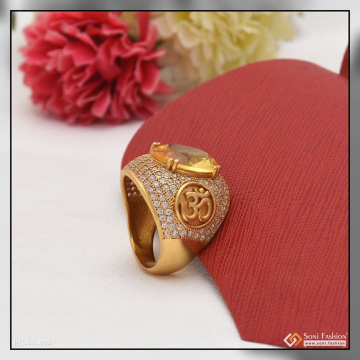 Gold plated men’s ring with diamonds and yellow stone - Style A994