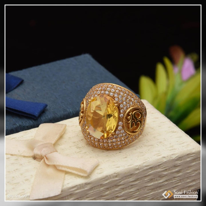 Om Yellow Stone With Diamond Antique Design Gold Plated Ring For Men