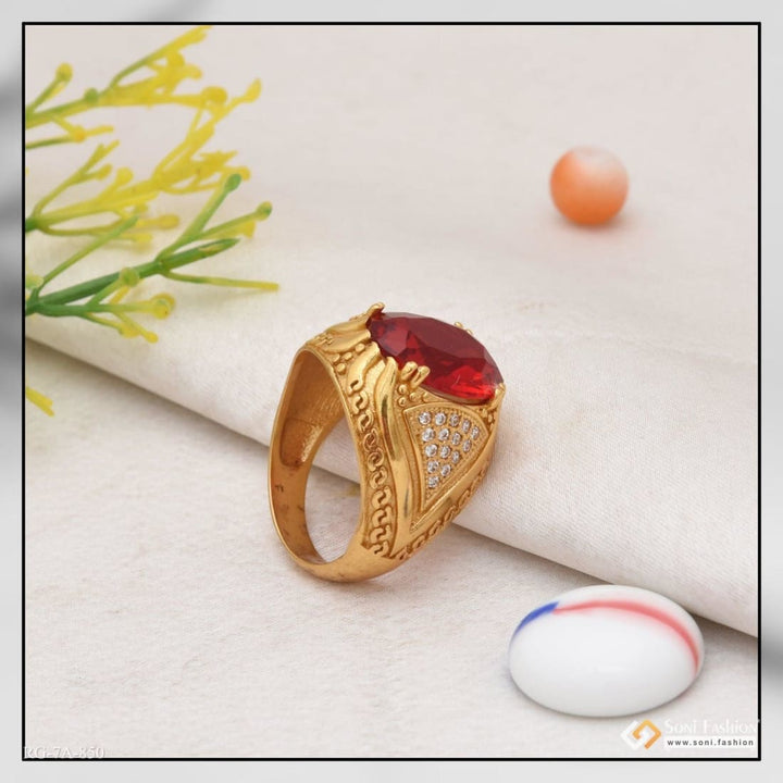 Owal shape red stone with diamond artisanal design gold