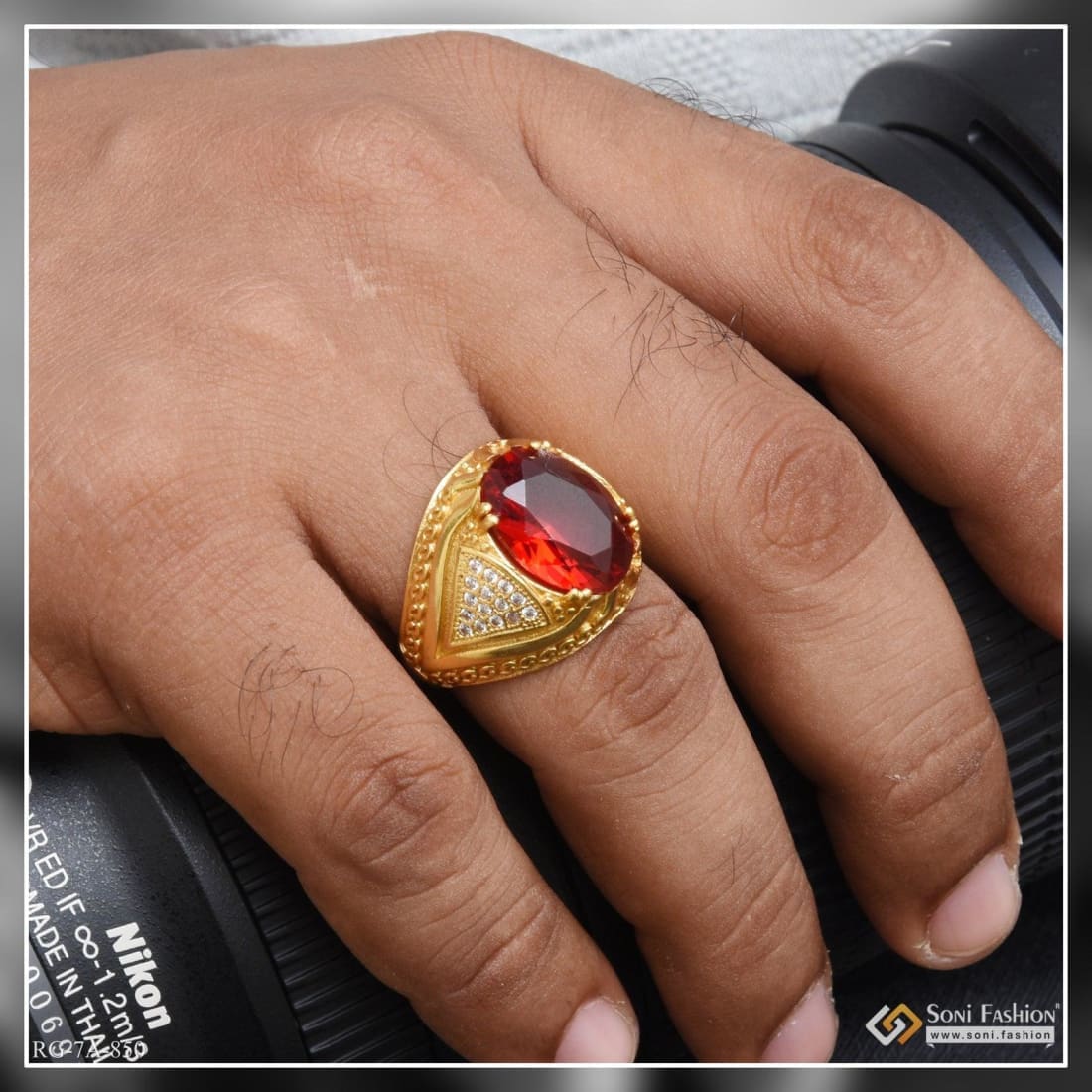 Owal shape red stone with diamond artisanal design gold plated ring Soni Fashion