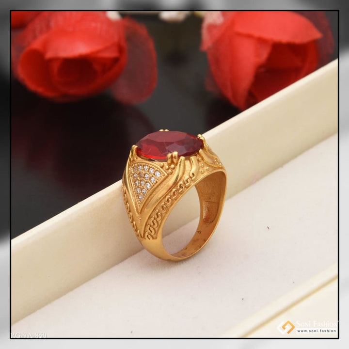 Owal shape red stone with diamond artisanal design gold