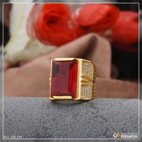 Red Stone With Diamond Glittering Design Gold Plated Ring