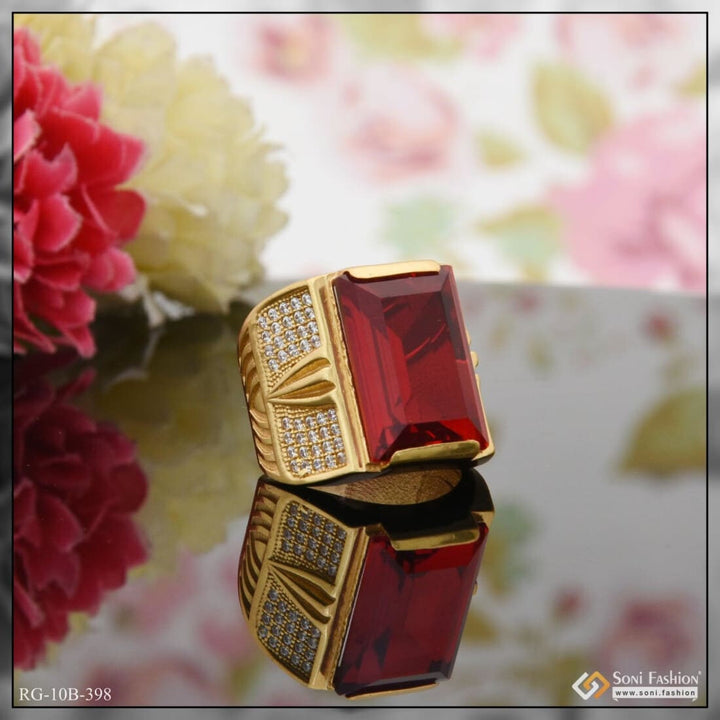 Red Stone With Diamond Glittering Design Gold Plated Ring