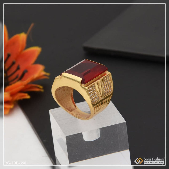 Red Stone With Diamond Glittering Design Gold Plated Ring