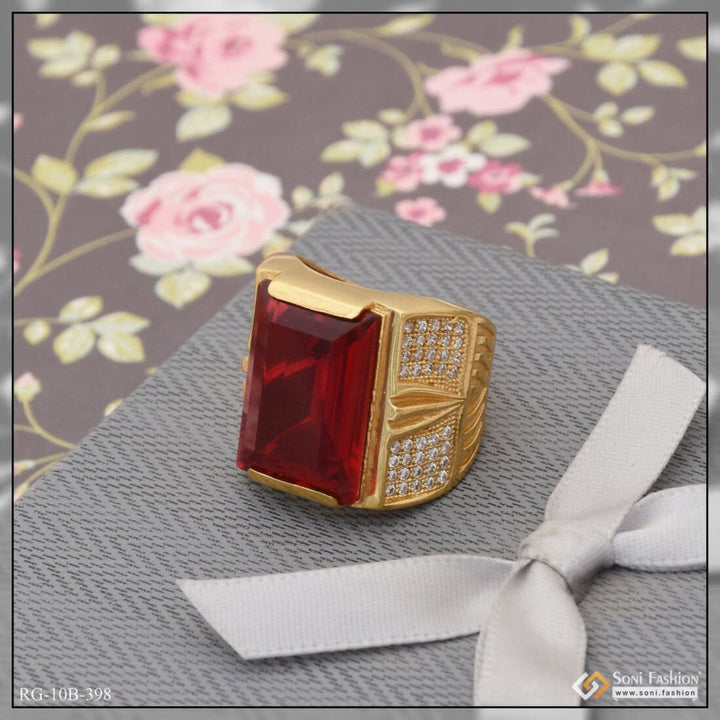 Red Stone With Diamond Glittering Design Gold Plated Ring