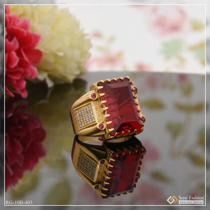 Red Stone With Diamond Sophisticated Design Gold Plated