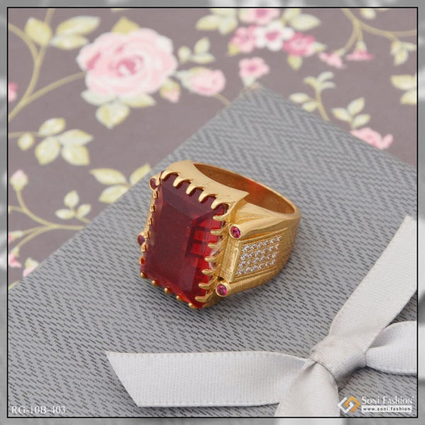 Red Stone With Diamond Sophisticated Design Gold Plated