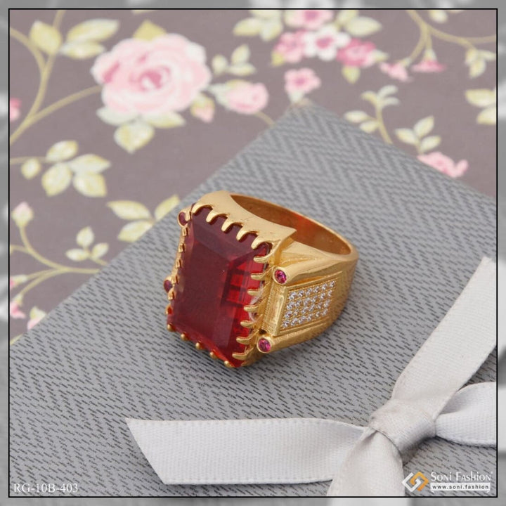 Red Stone With Diamond Sophisticated Design Gold Plated