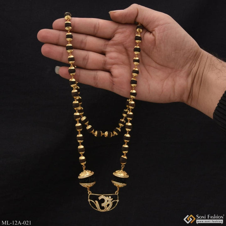 Rudraksha Mala With Om Diamond Pendant Gold Plated For Men