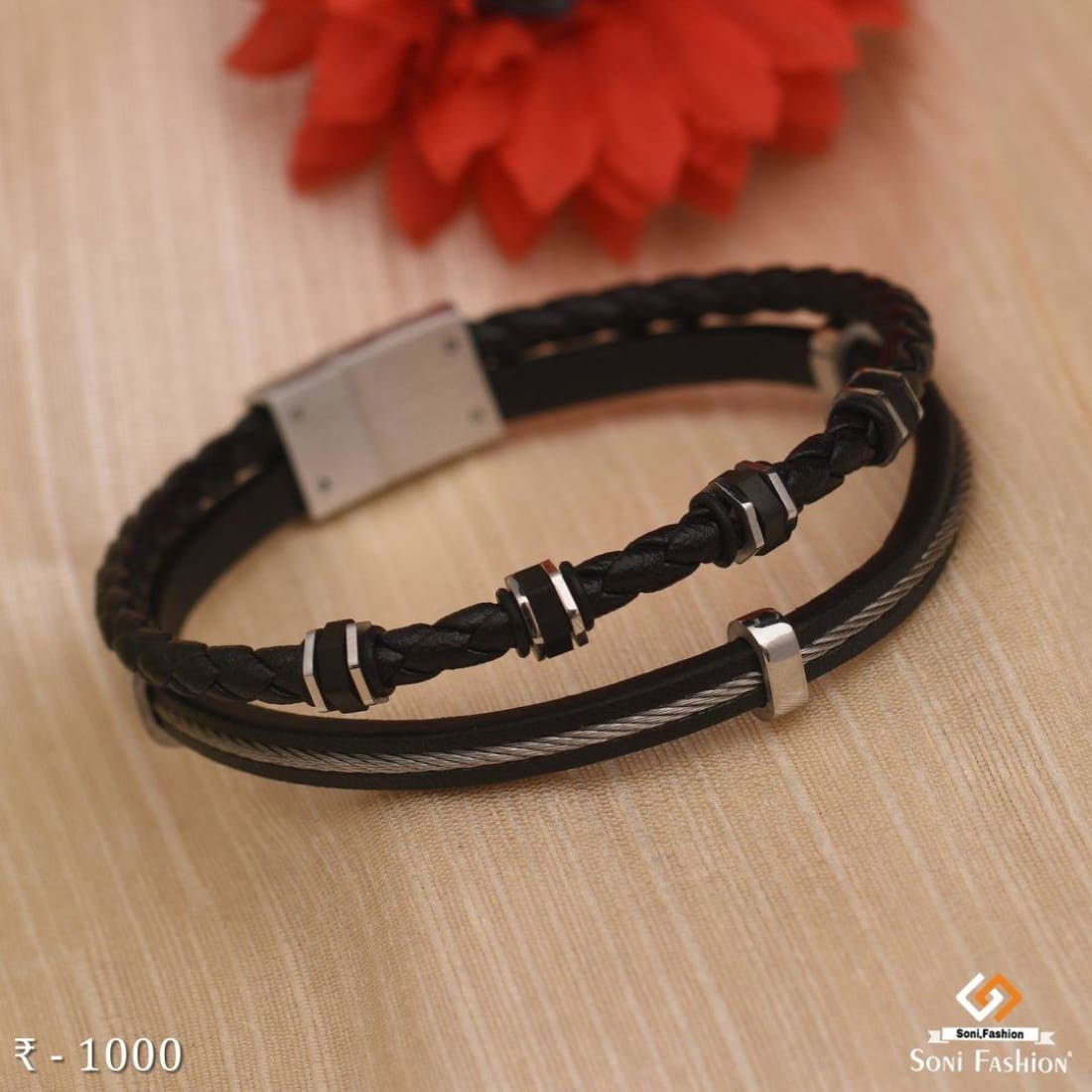 Men Flat Black Leather Braided Bracelet - SETT&Co