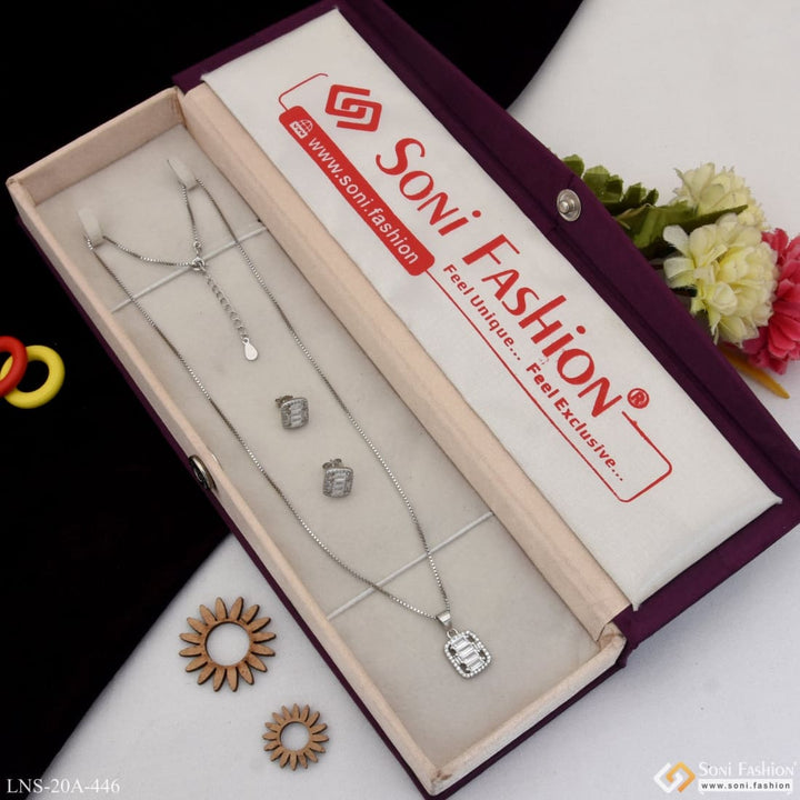 Sterling silver necklace set with diamond flower pendant and box.