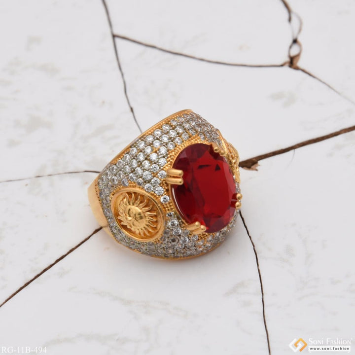 Red stone with diamond extraordinary design gold plated ring