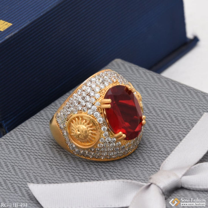 Red stone with diamond extraordinary design gold plated ring