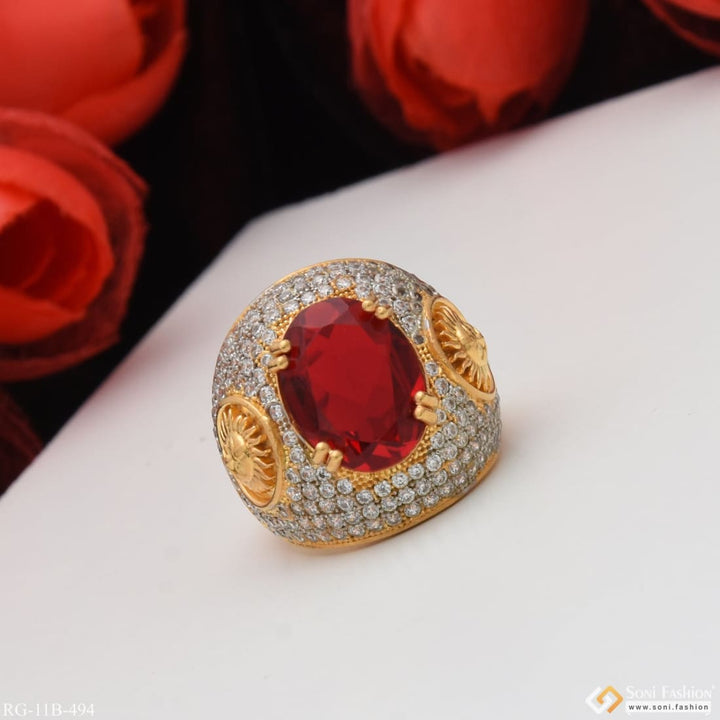 Red stone with diamond extraordinary design gold plated ring