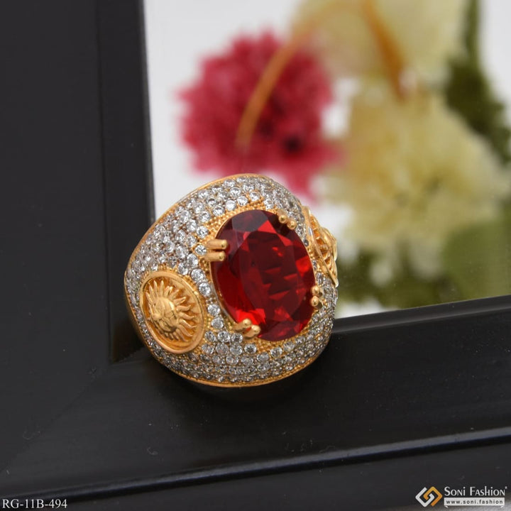 Red stone with diamond extraordinary design gold plated ring