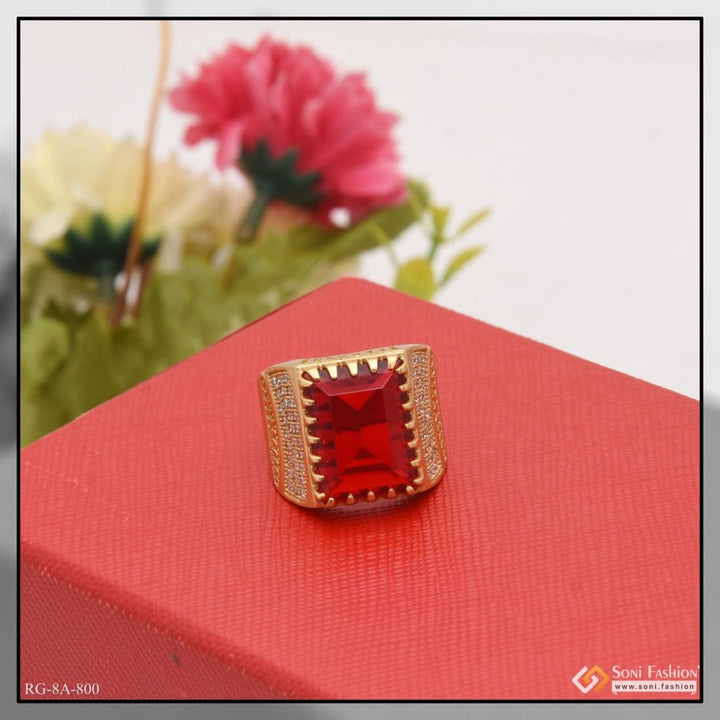 Red stone with diamond fashionable design gold plated ring