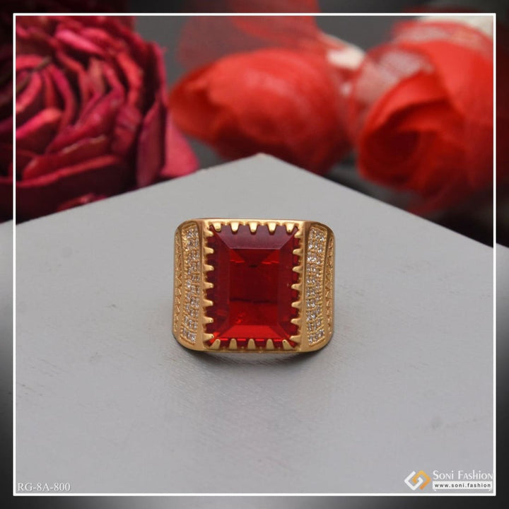 Red stone with diamond fashionable design gold plated ring