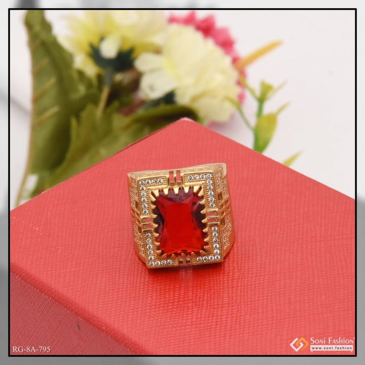 Red stone with diamond finely detailed design gold plated