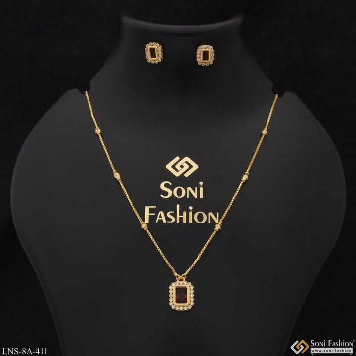 Red stone with diamond gold plated necklace set for ladies -