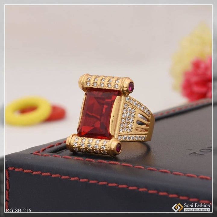 Red stone with diamond sophisticated design gold plated ring