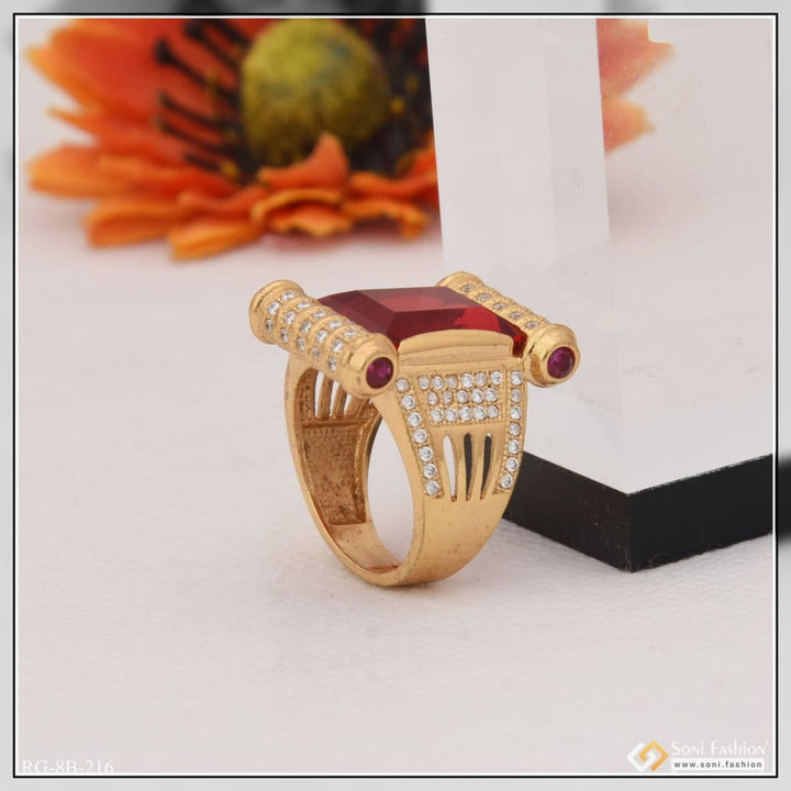 Red stone with diamond sophisticated design gold plated ring