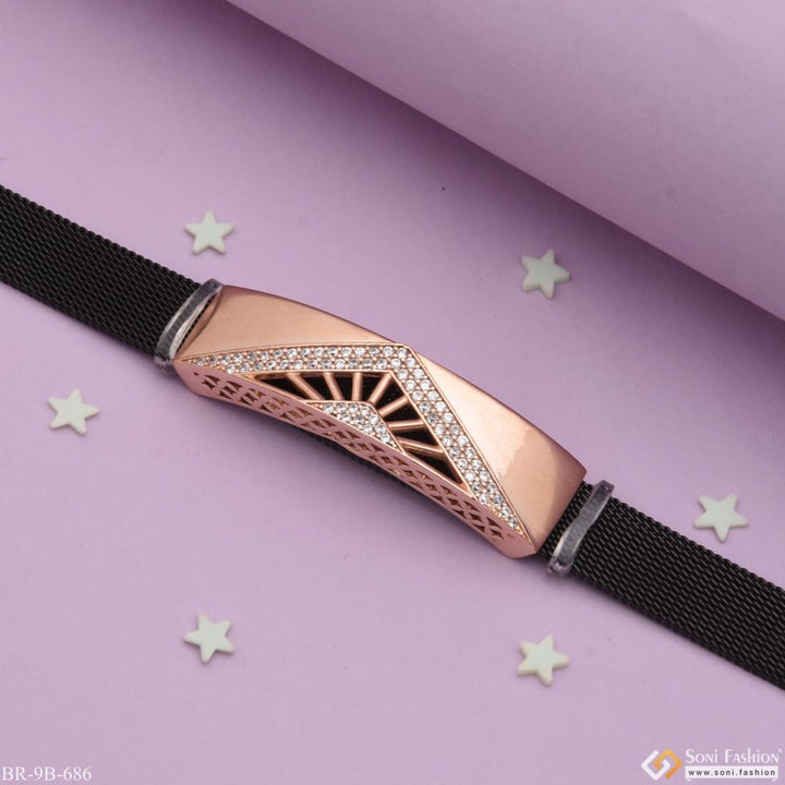 Rose gold bracelet featuring a watch with diamonds on the face - Style B686