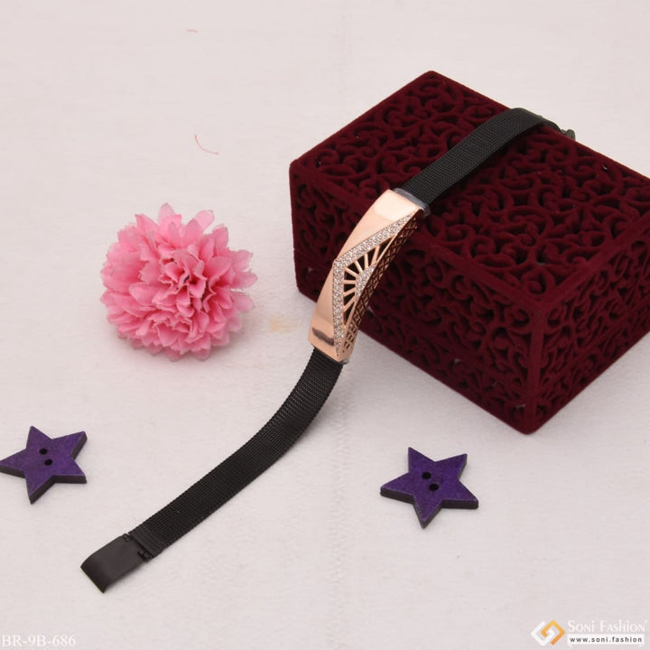 Purple flower, black ribbon, and pink flower displayed in Triangle With Diamond Cool Design Superior Quality Rose Gold Bracelet - Style B686.