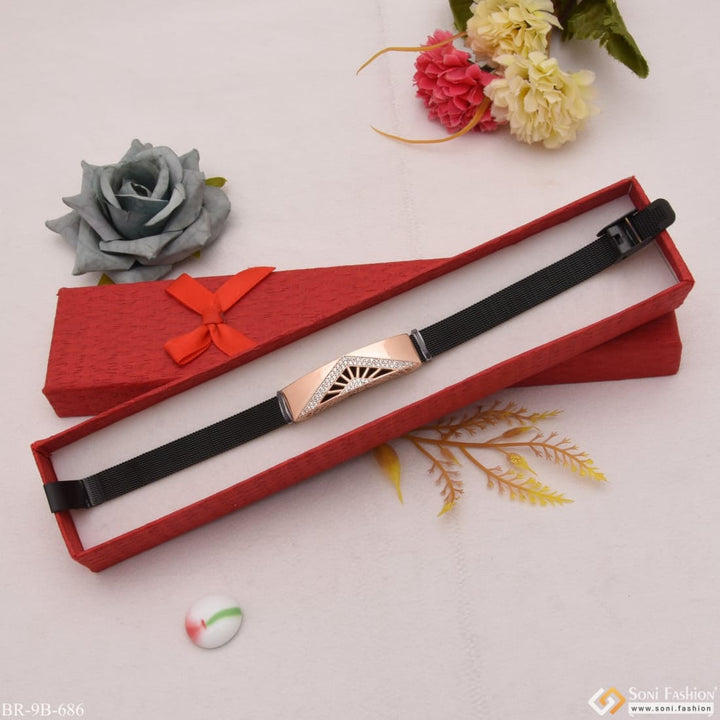 Rose gold bracelet with red box, black ribbon, red bow tie - Triangle With Diamond Cool Design Superior Quality B686