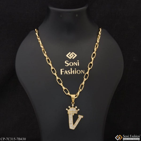 V Letter With Diamond Glittering Design Chain Pendant Combo