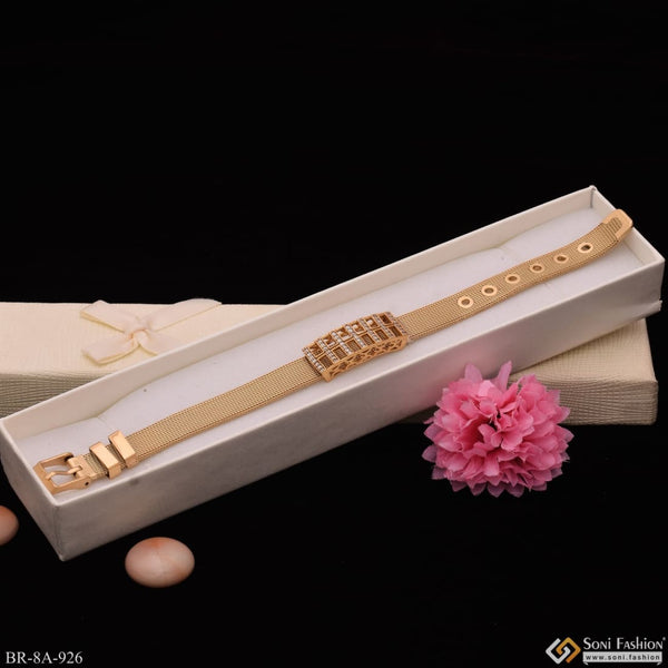 Very High Quality With Diamond Lines Gold Plated Stainless Steel Bracelet with Pink Flower and Gold Buckle