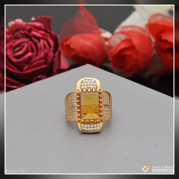 Yellow stone with diamond artisanal design gold plated ring